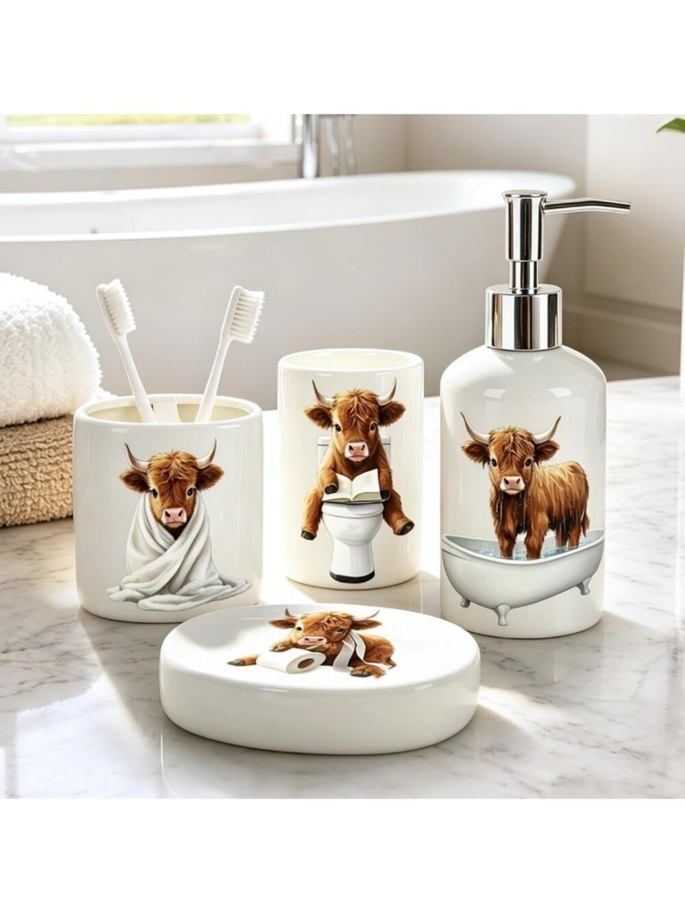 Cute Highland Cow Bathroom Accessories Set - 4Pcs Ceramic Dispenser, Toothbrush
